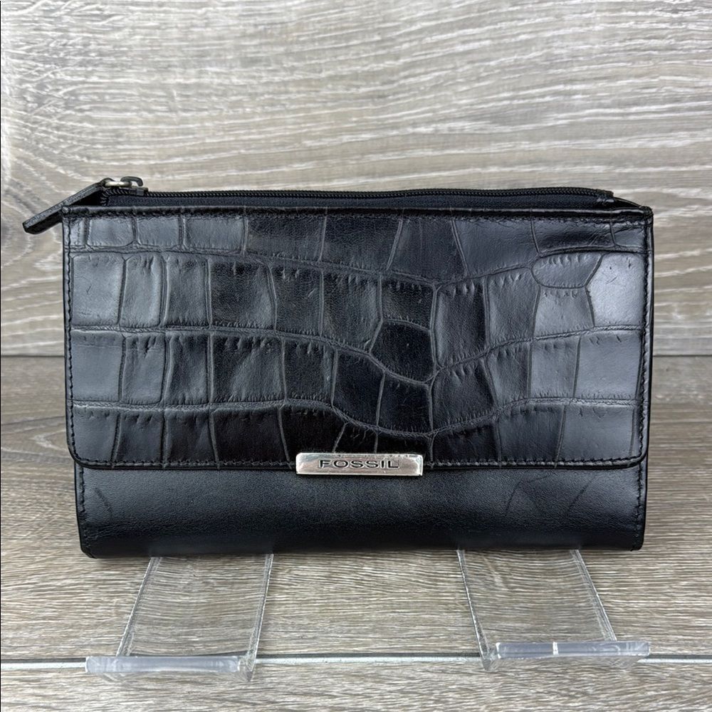 Fossil Black Avenue Croc-Embossed Leather Snap Open Tri-Fold Clutch Wallet